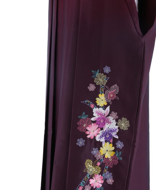 卒業式袴単品レンタル[刺繍]赤紫×紫ぼかしに花々とリボン刺繍[身長153-157cm]No.592